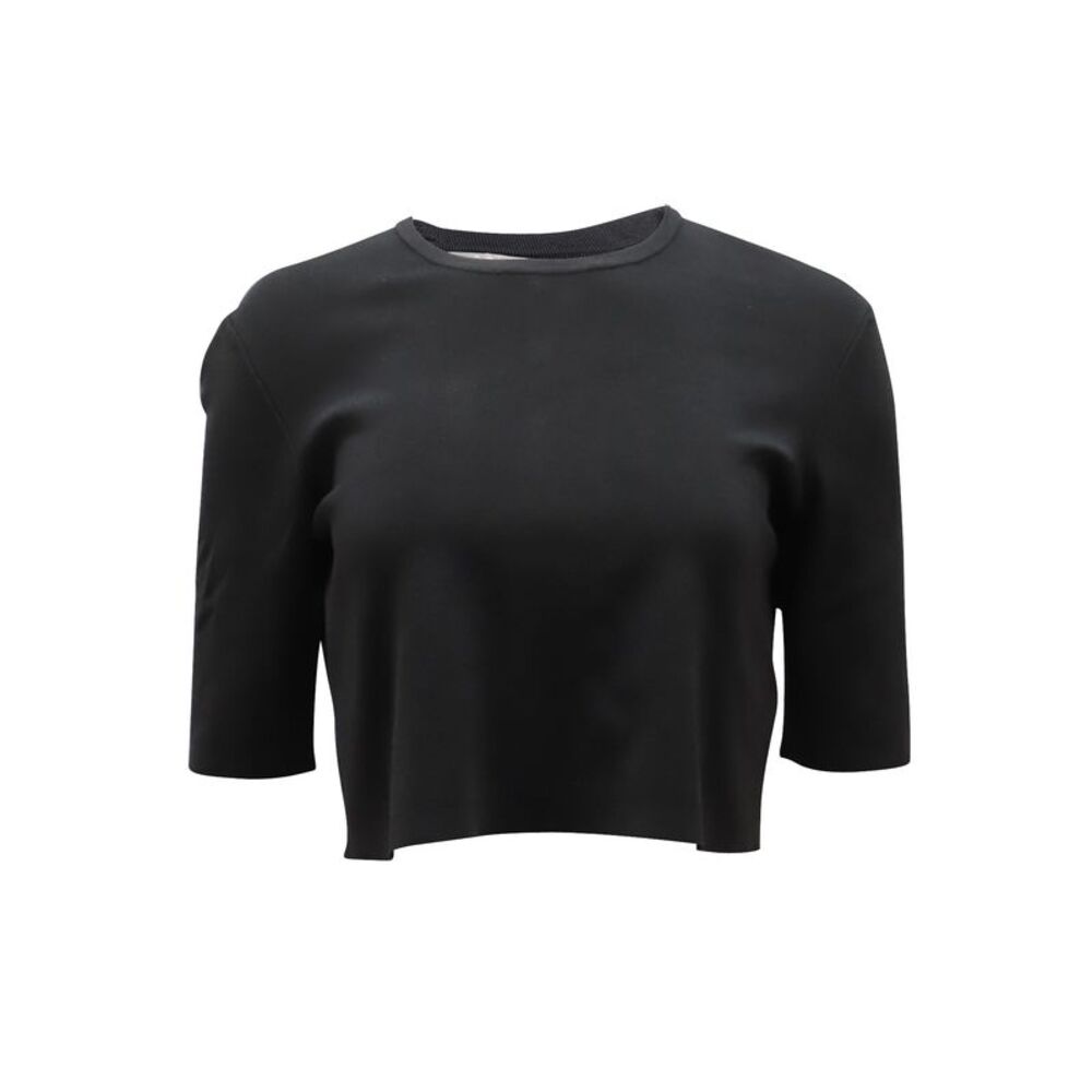 Lela Rose Crewneck Ribbed Crop Top in Black Rayon